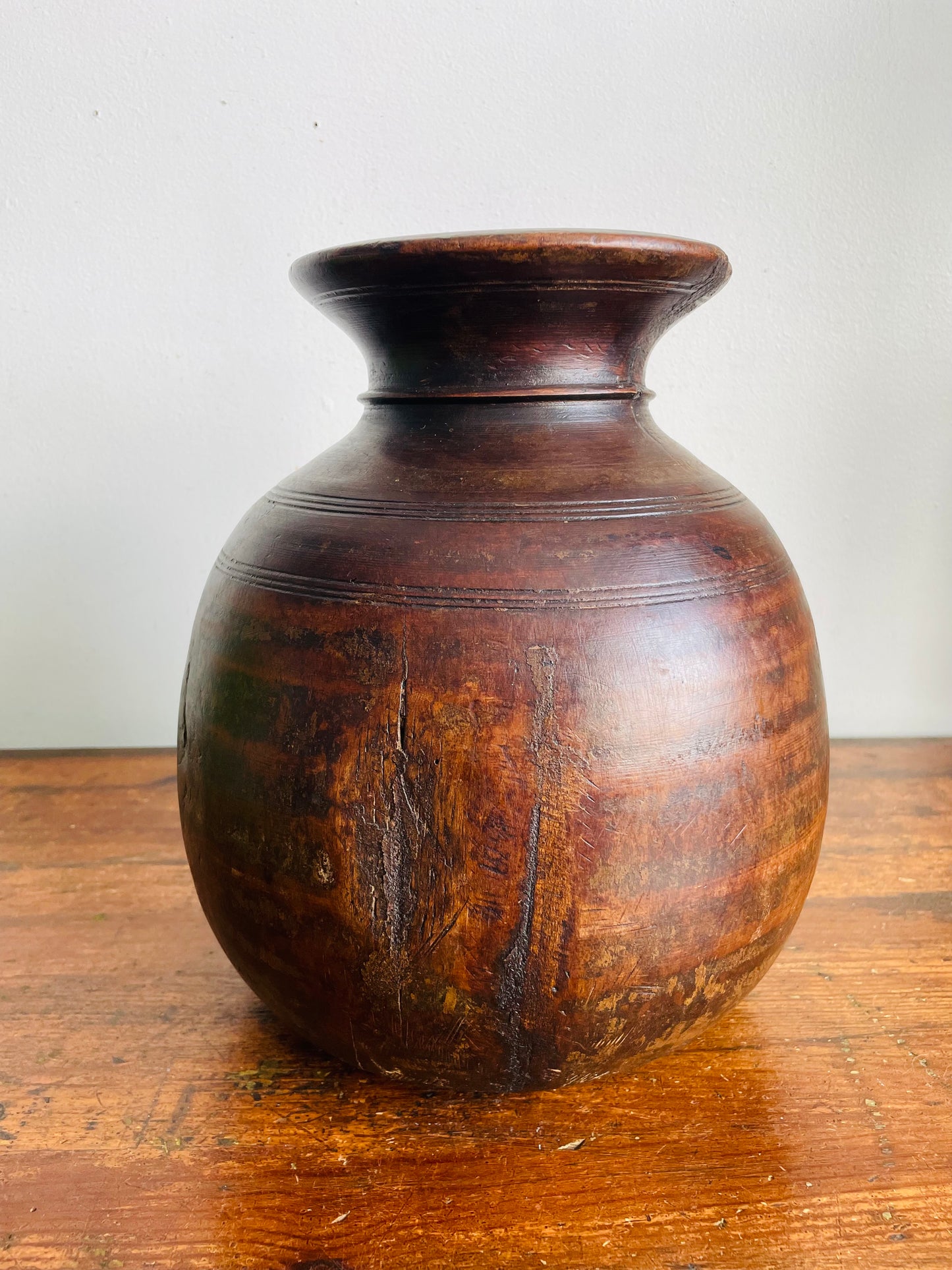Vintage / Possibly Antique Wood Himachal Pot Vase - Handcrafted & Carved from a Single Piece of Wood - Tribal Northern India - Himachal Pradesh Region - Originally Used to Store Water
