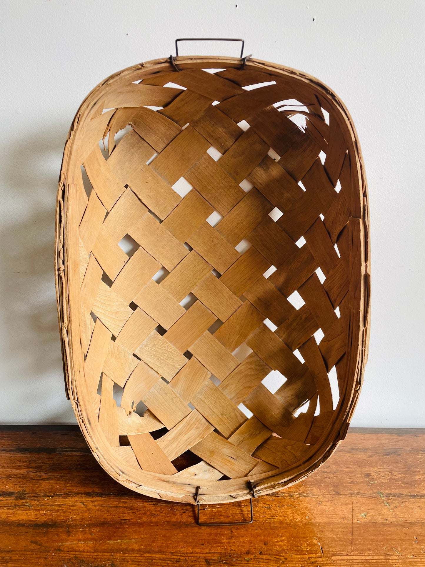 Vintage Oval Woven Wood Wide Slat Basket with Metal Handles - Great Storage & Can Hang Too!