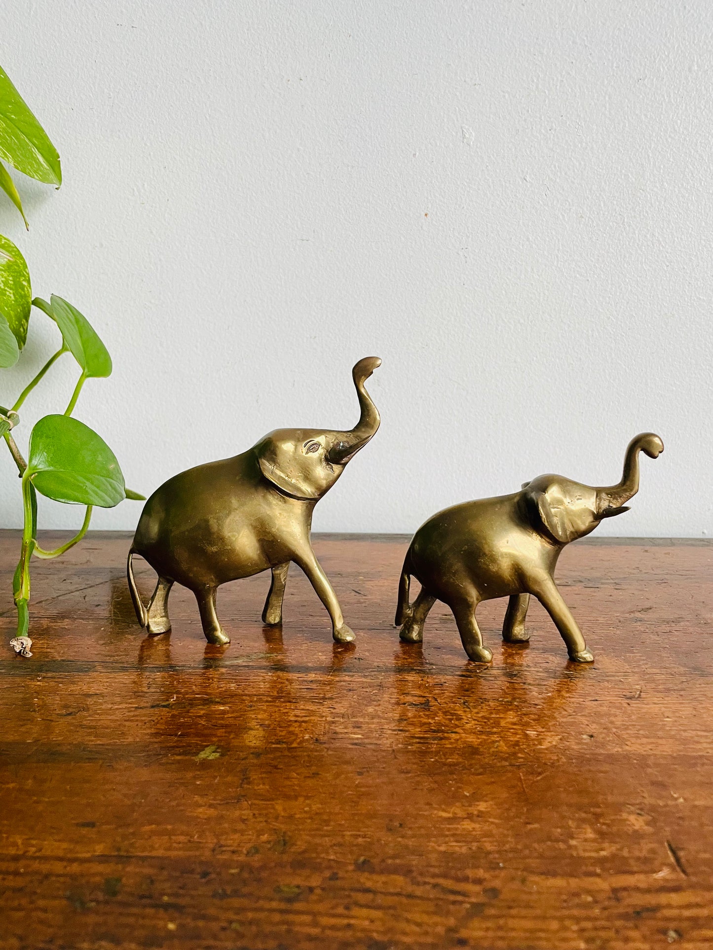 Vintage Solid Brass Pair of Elephants with Raised Trunks - Set of 2