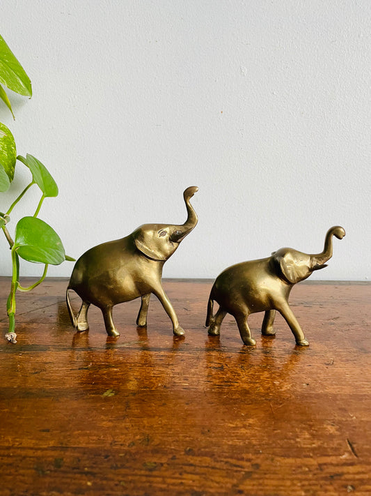 Vintage Solid Brass Pair of Elephants with Raised Trunks - Set of 2