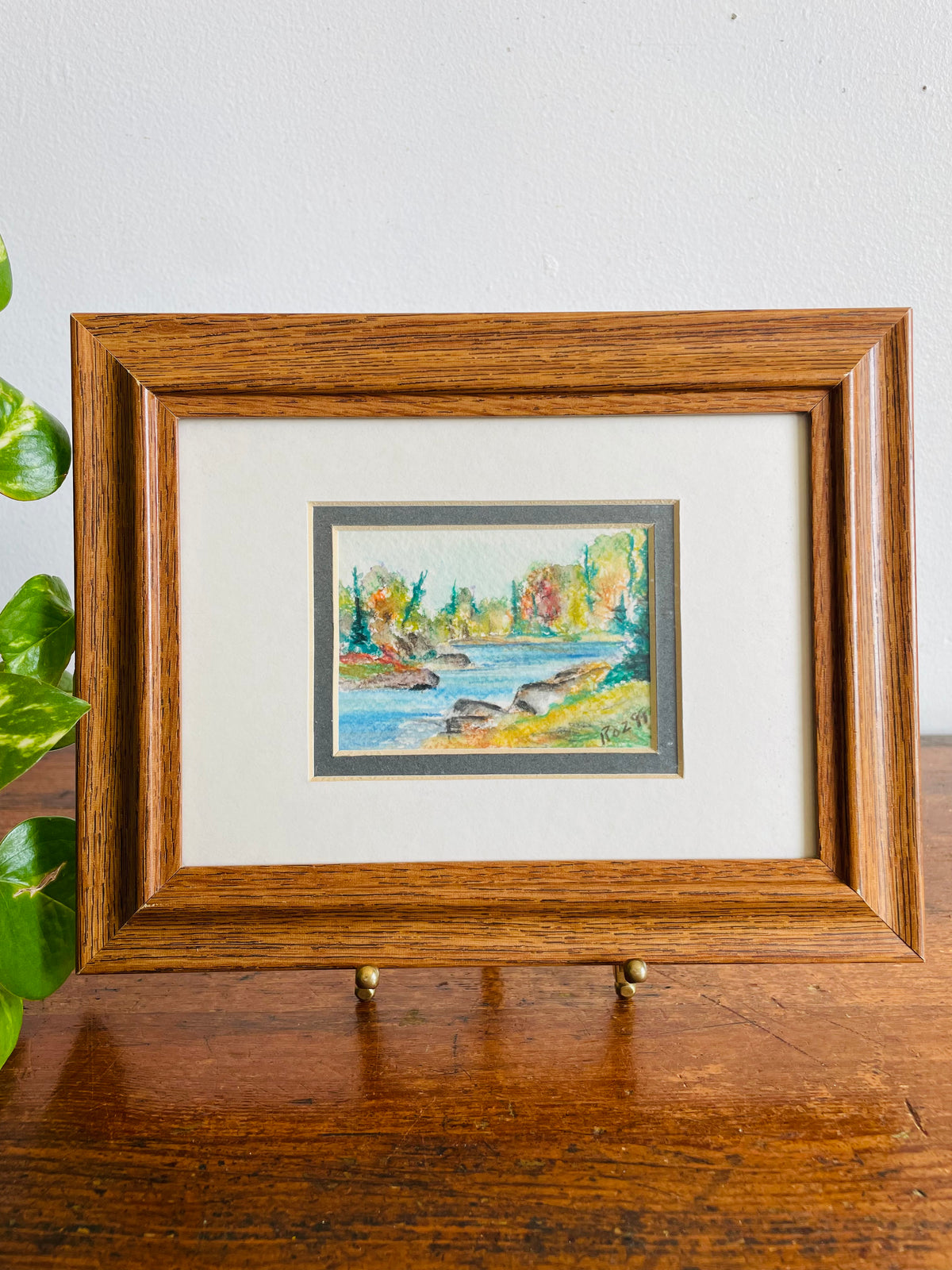Vintage 1999 Original Art Watercolour Painting of Nature Landscape Scene - River With Forest & Trees - Artist Signed Roz
