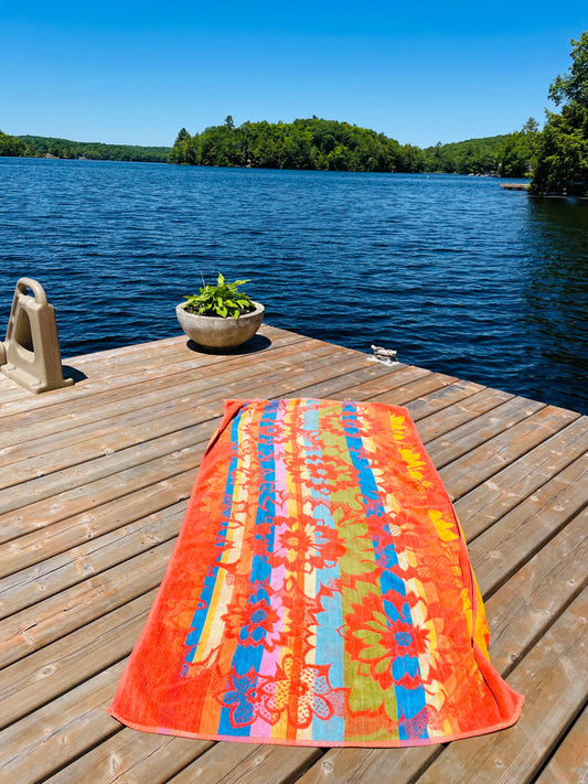 Sun Fun 100% Cotton Beach Towel in Bright Tropical Flower Print - Made in British Hong Kong