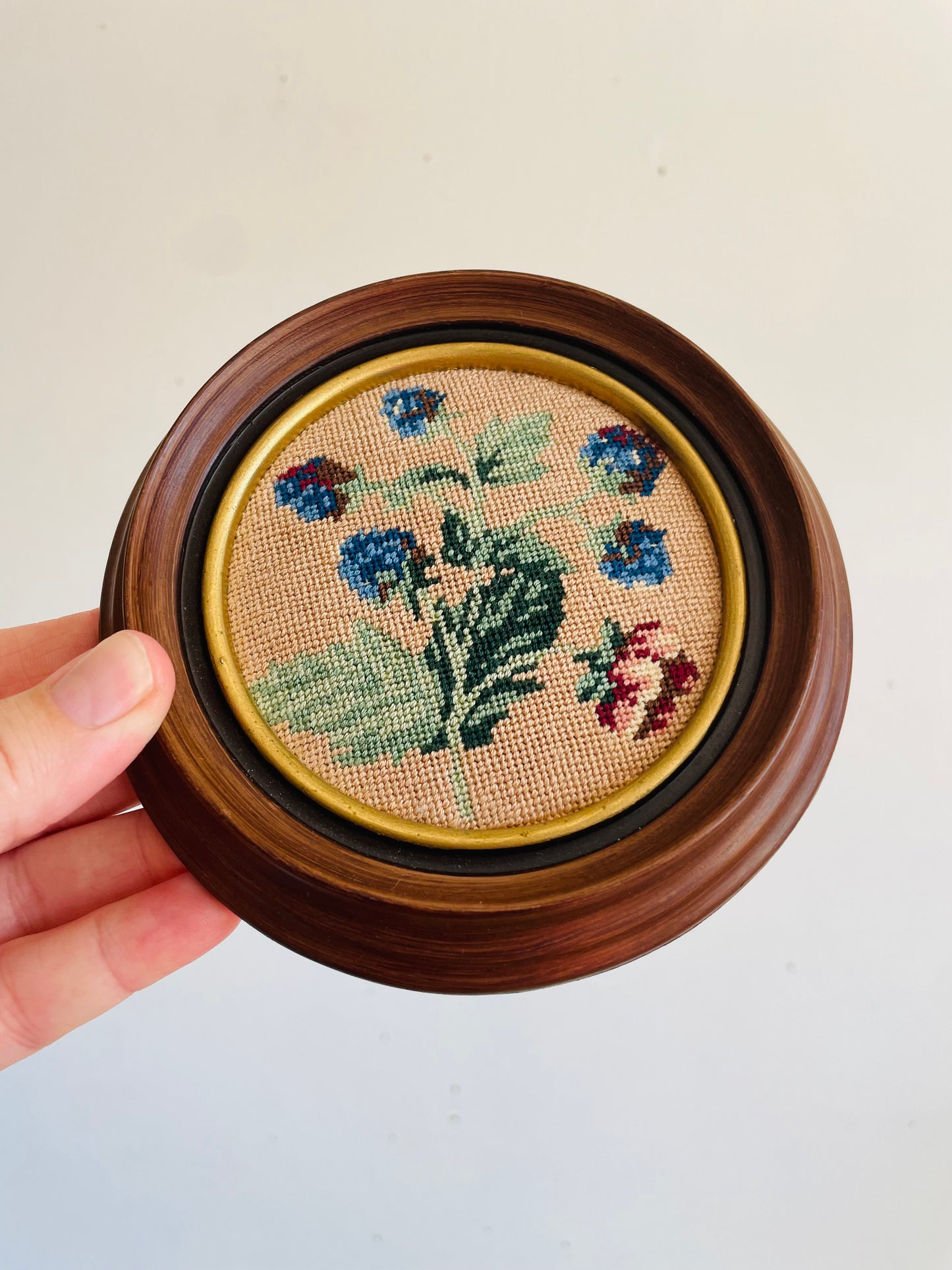 Vintage Round Wood Needlepoint Embroidery Picture in Wood Frame with Botanical Floral Scene