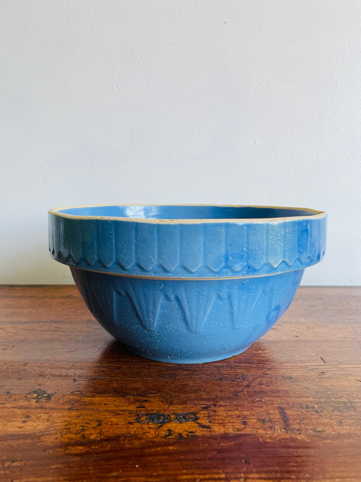 Large Blue Salt Glaze Stoneware Pottery Mixing Bowl with Picket Fence & Inverted Triangle Design