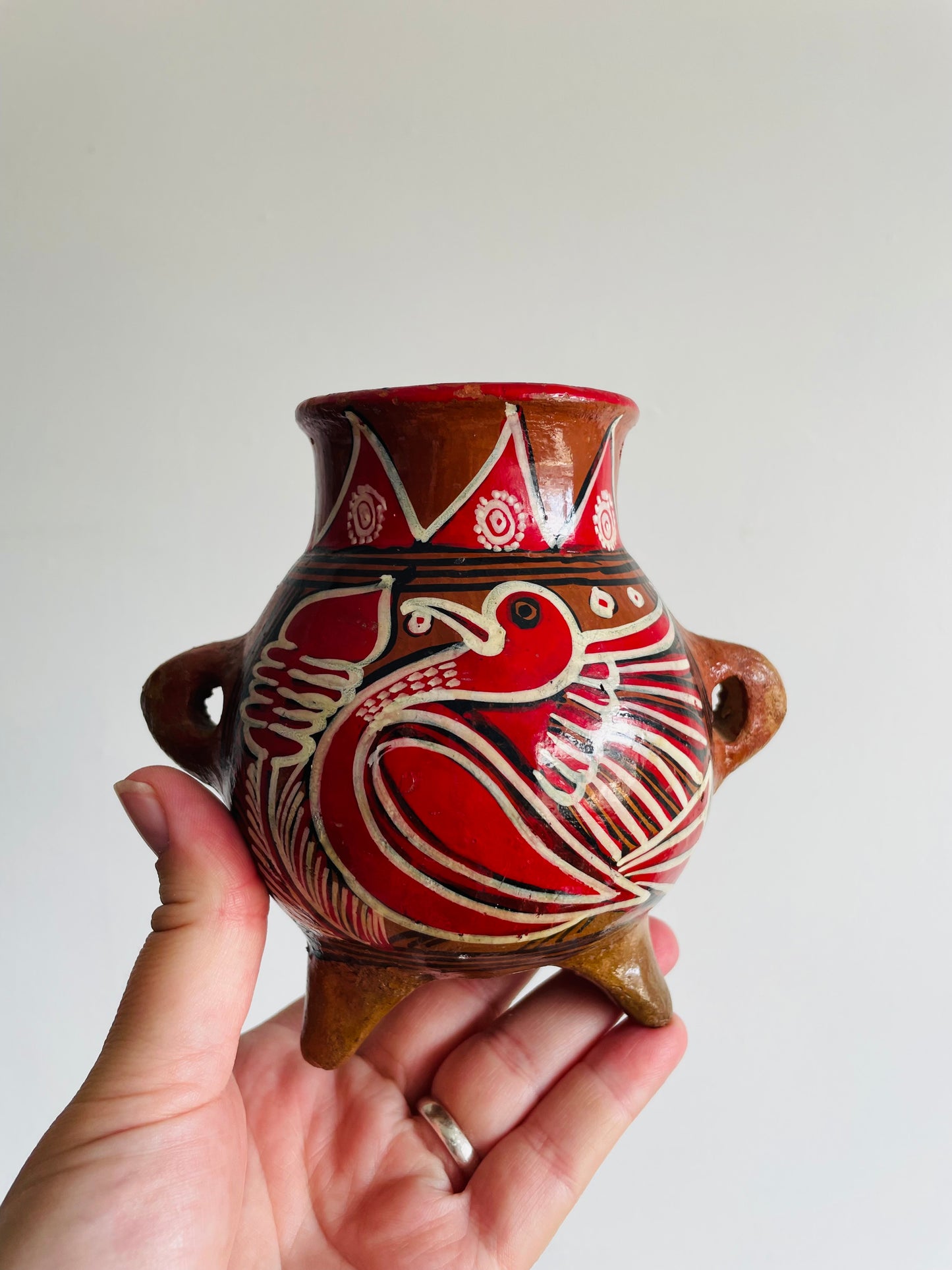 Mexican Folk Art Pottery Footed Vase Vessel with Handles & Bird Design