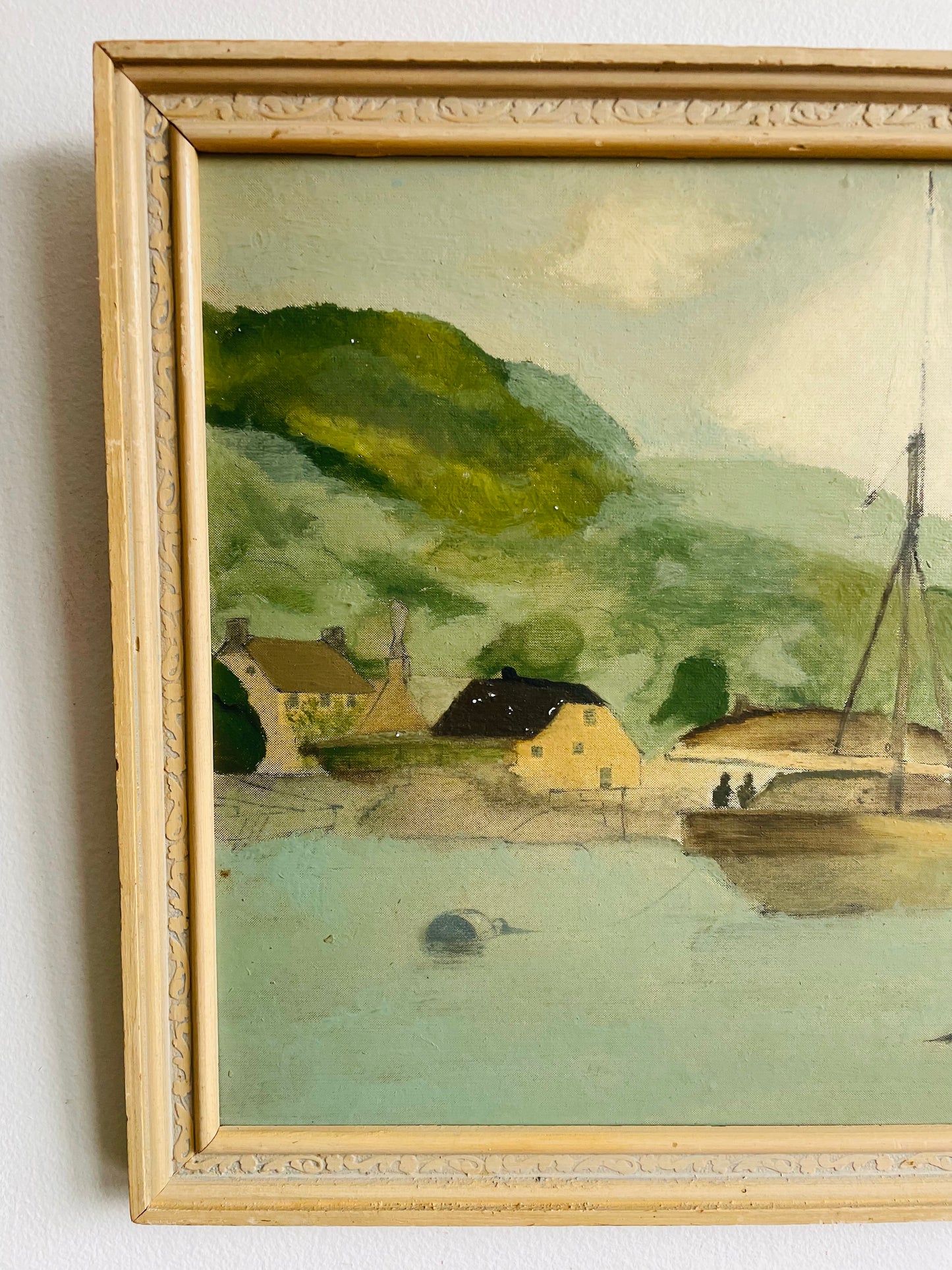 Original Art Painting Picture of Boats in Harbour with Green Rolling Hills in Background