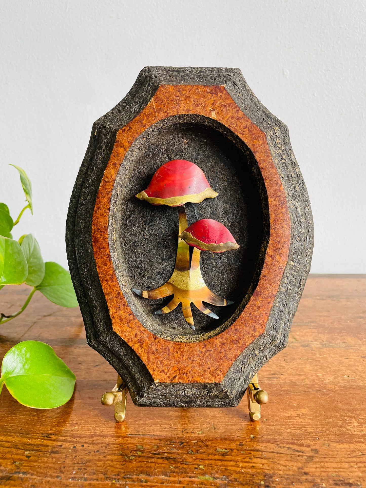 Vintage 1970s MCM Pressed Wood & Brass 3D Mushrooms Wall Hanging Plaque Picture