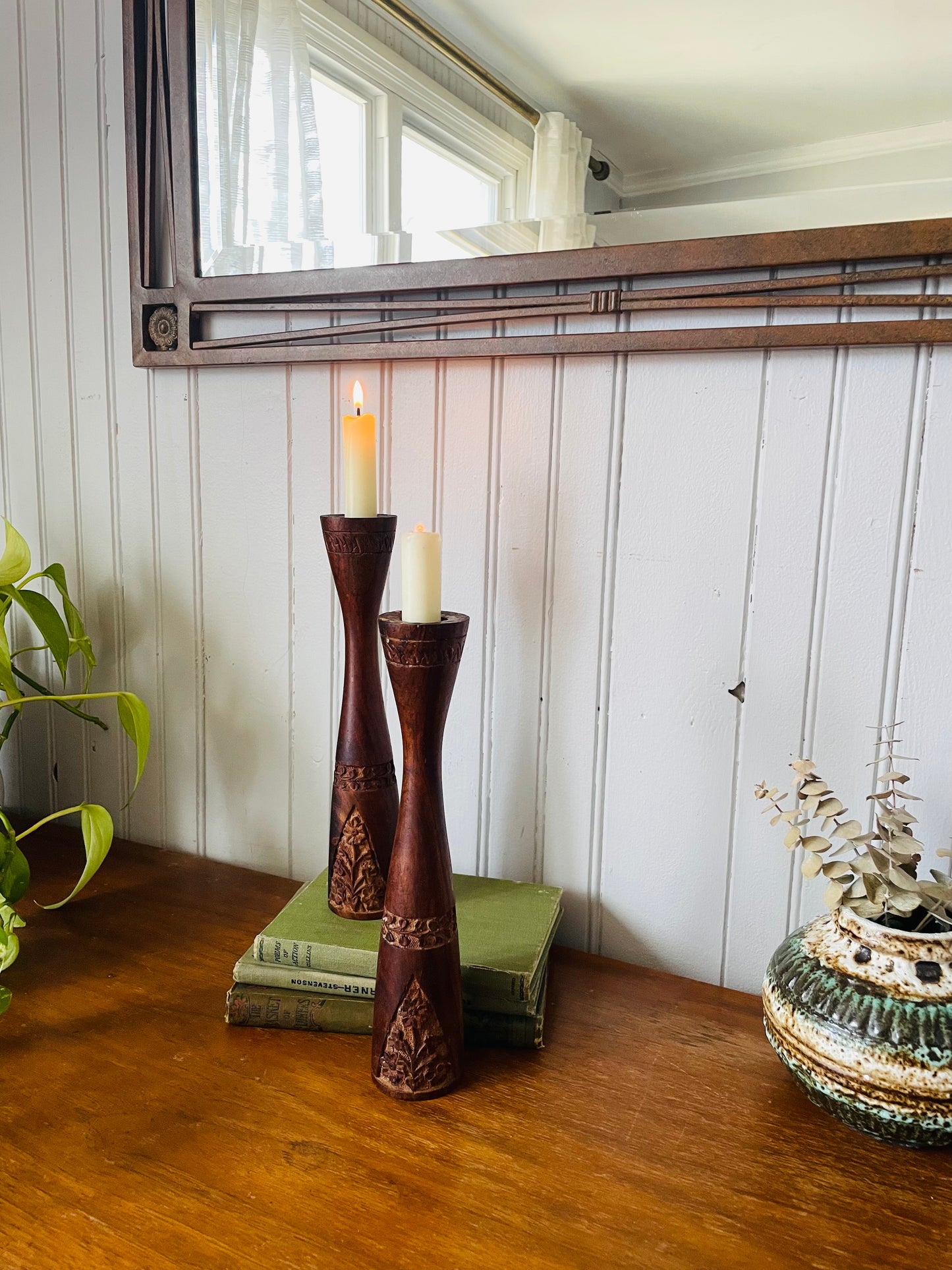 Tall & Shapely Indian Rosewood Candle Holders with Carved Floral Design - Set of 2 - Made in India