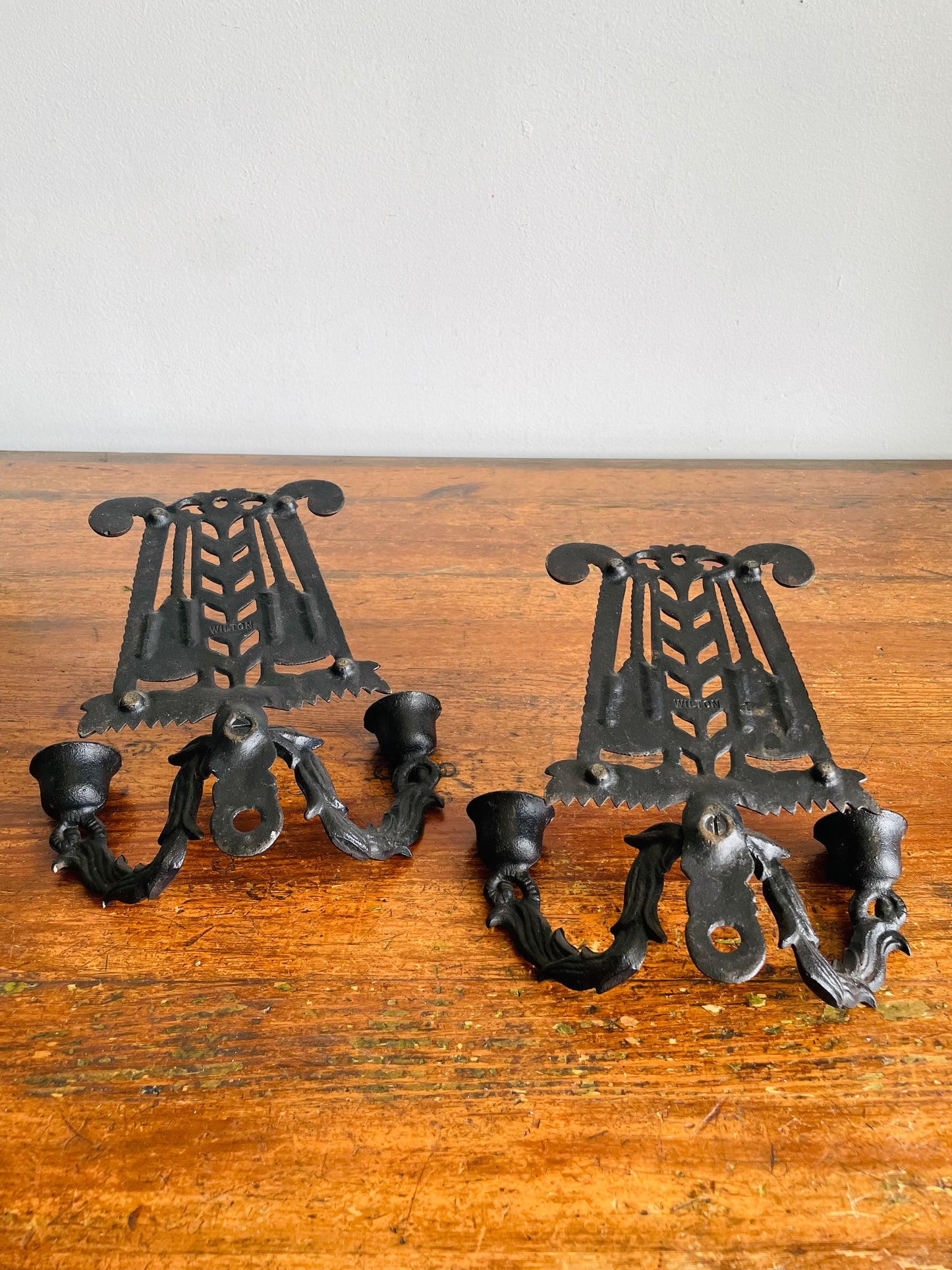 Vintage Wilton Cast Iron Double Candle Holder Wall Hanging Sconces - Set of 2