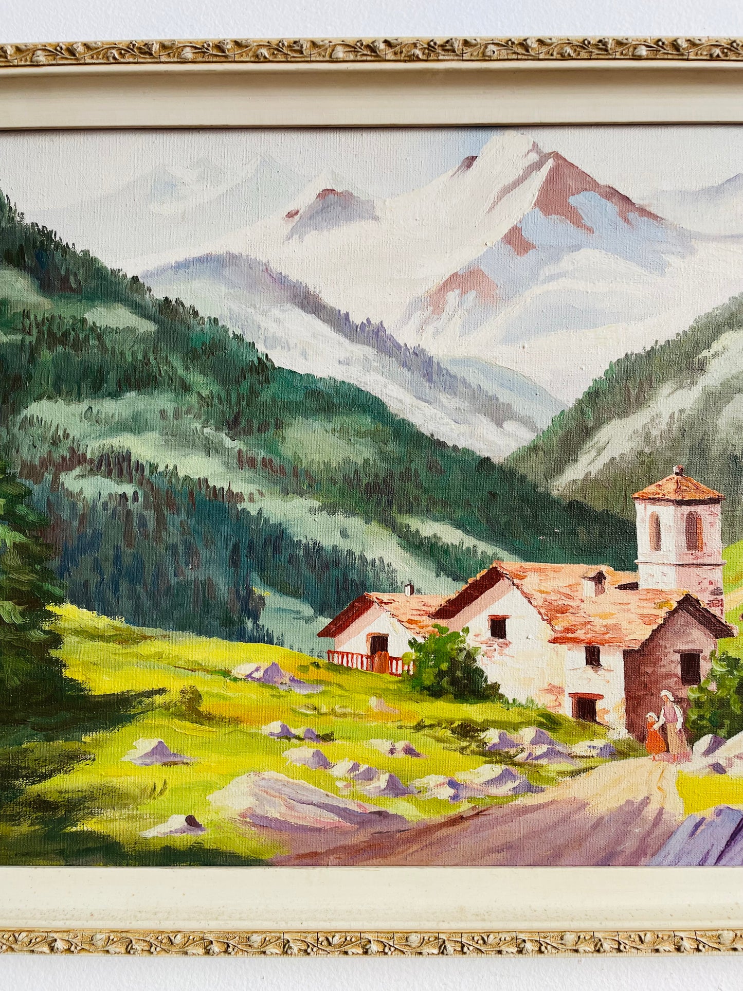 Vintage 1954 Original Art Painting Picture - Swiss Alps Mountain Scene with House & Woman Walking with Little Girl - Artist Signed