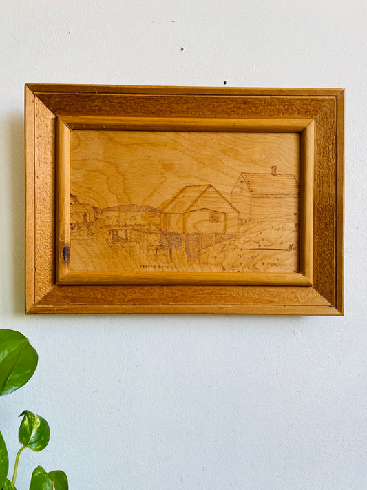Vintage Original Pyrography Art Carved & Woodburned Scene of Peggy's Cove, Nova Scotia - Signed C. Rutledge