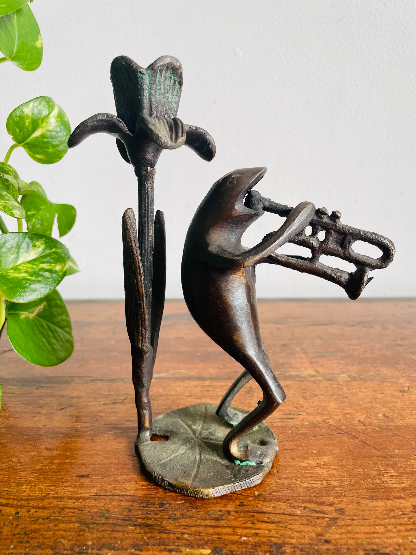 Vintage Solid Bronze Brass Trumpet Playing Frog Musician on Lily Pad with Flower Candle Holder