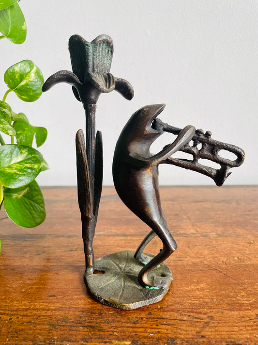 Vintage Solid Bronze Brass Trumpet Playing Frog Musician on Lily Pad with Flower Candle Holder