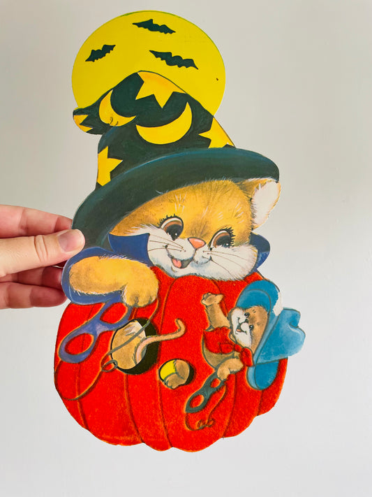 Cardboard Cutout with Orange Fuzzy Velvet Halloween Decoration - Cat & Mouse in Pumpkin