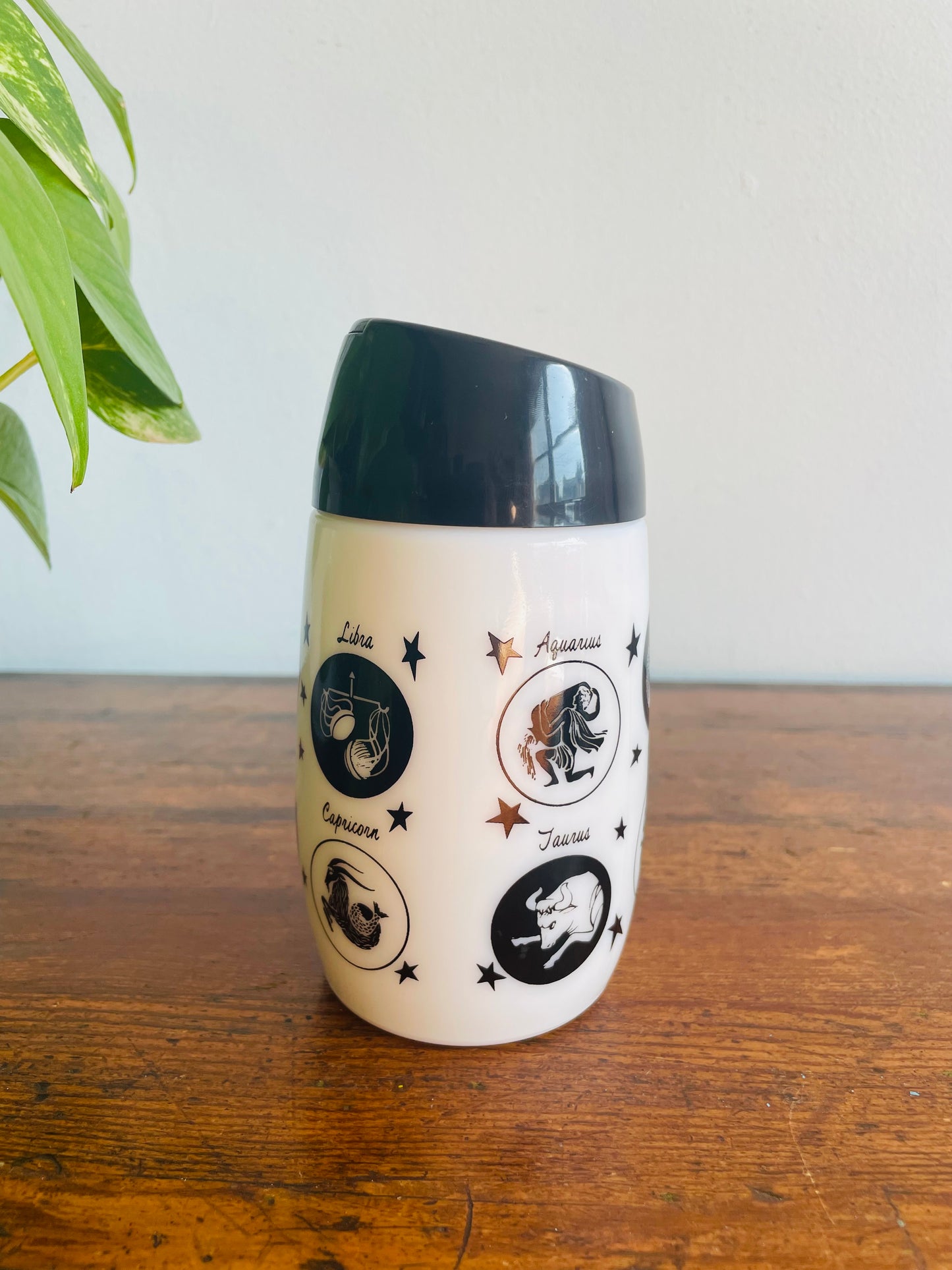 Black & White Milk Glass Horoscope Sugar Pour Dispenser with Zodiac Sign Graphics