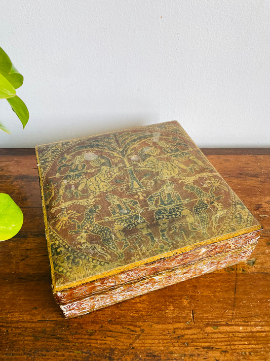 Vintage Florentine Box with Hinged Lid & Red Oseberg Hunters Byzantine Scene - Made in Italy