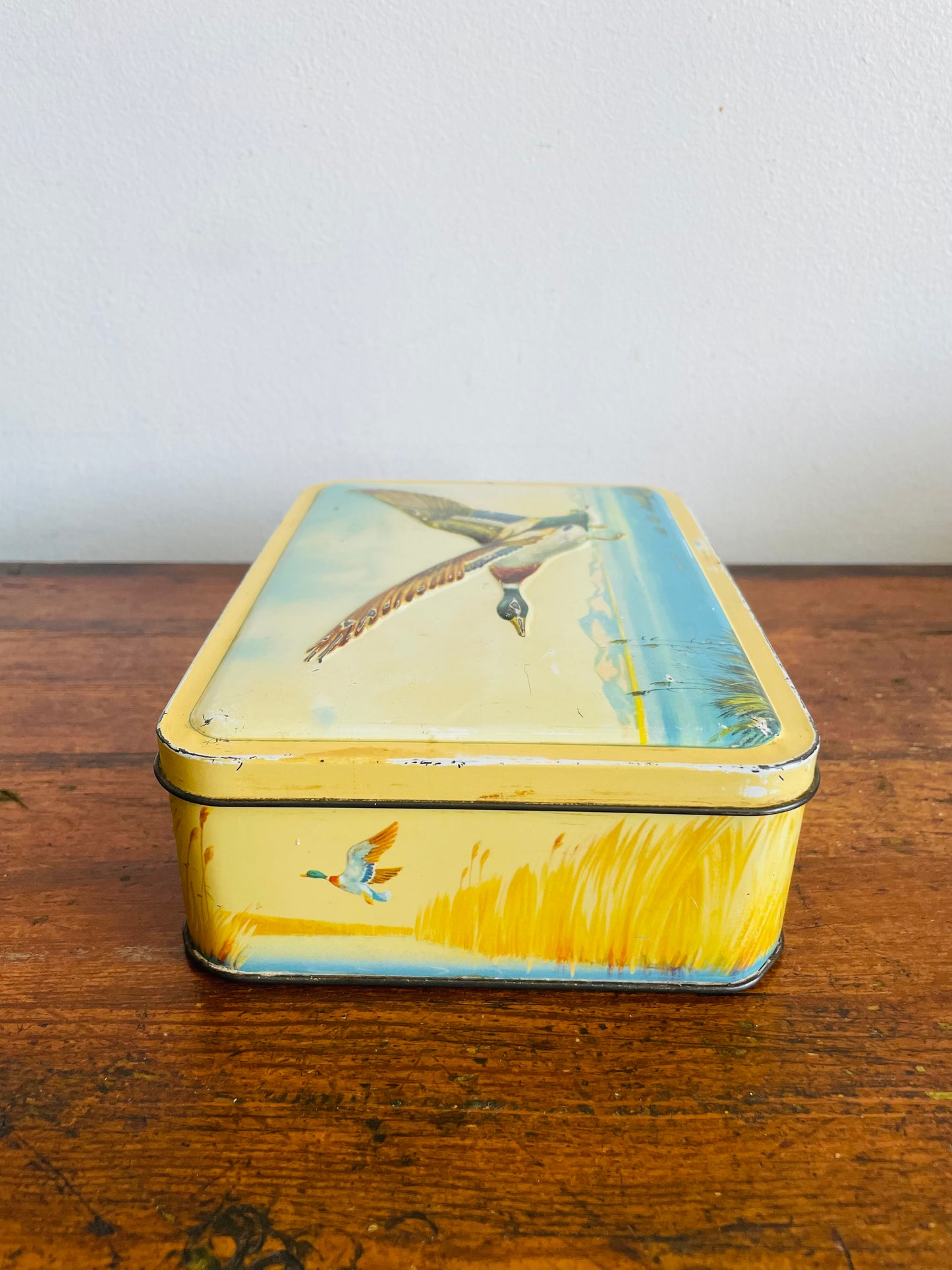 Vintage Tin Container with Flying Duck Bird Over Lake & Mountains Design - MacFarlane Lang & Co's Biscuits