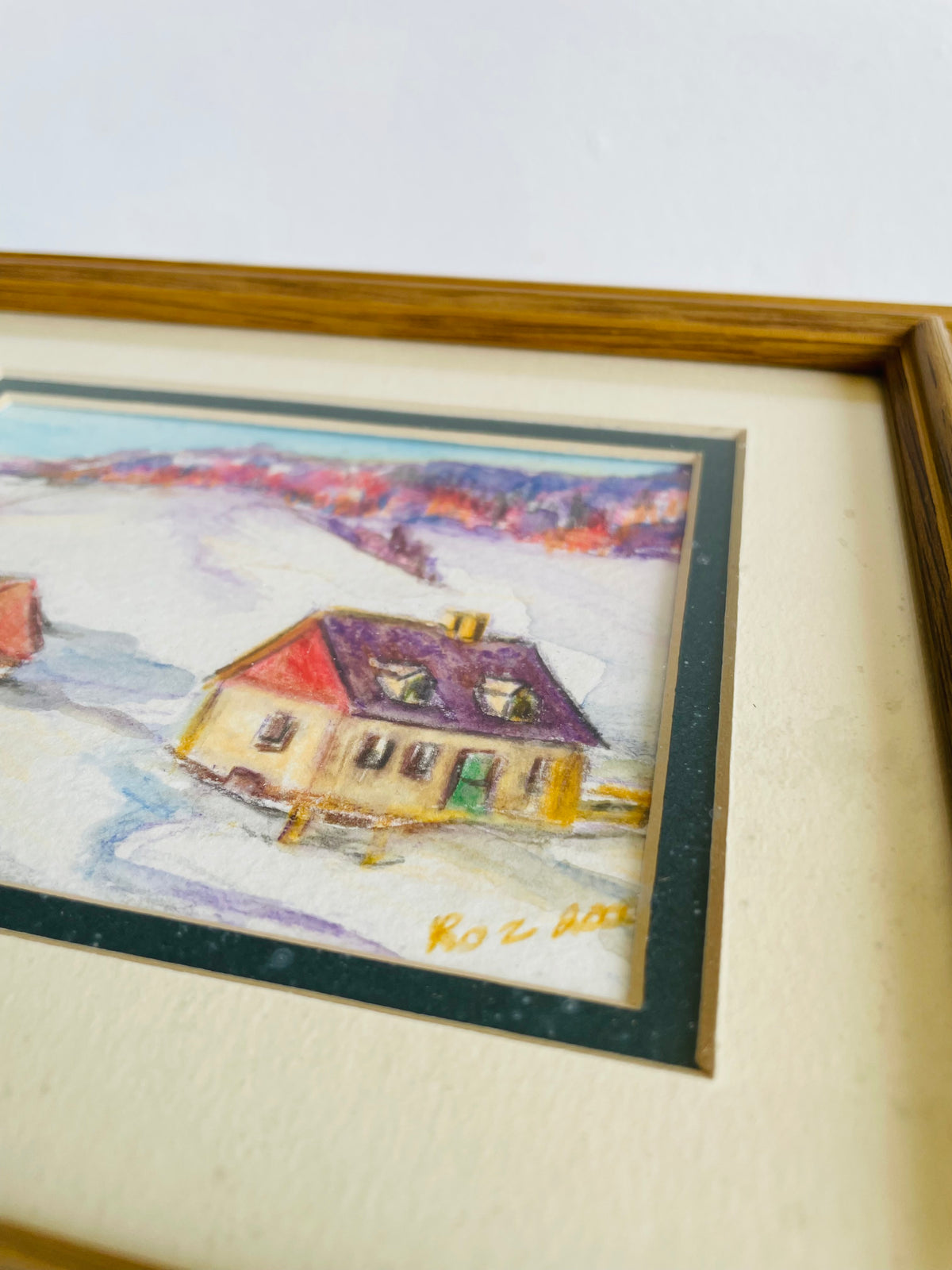 Vintage 2000 Original Art Watercolour Painting of Winter Forest & Houses in Snow Scene - Artist Signed Roz
