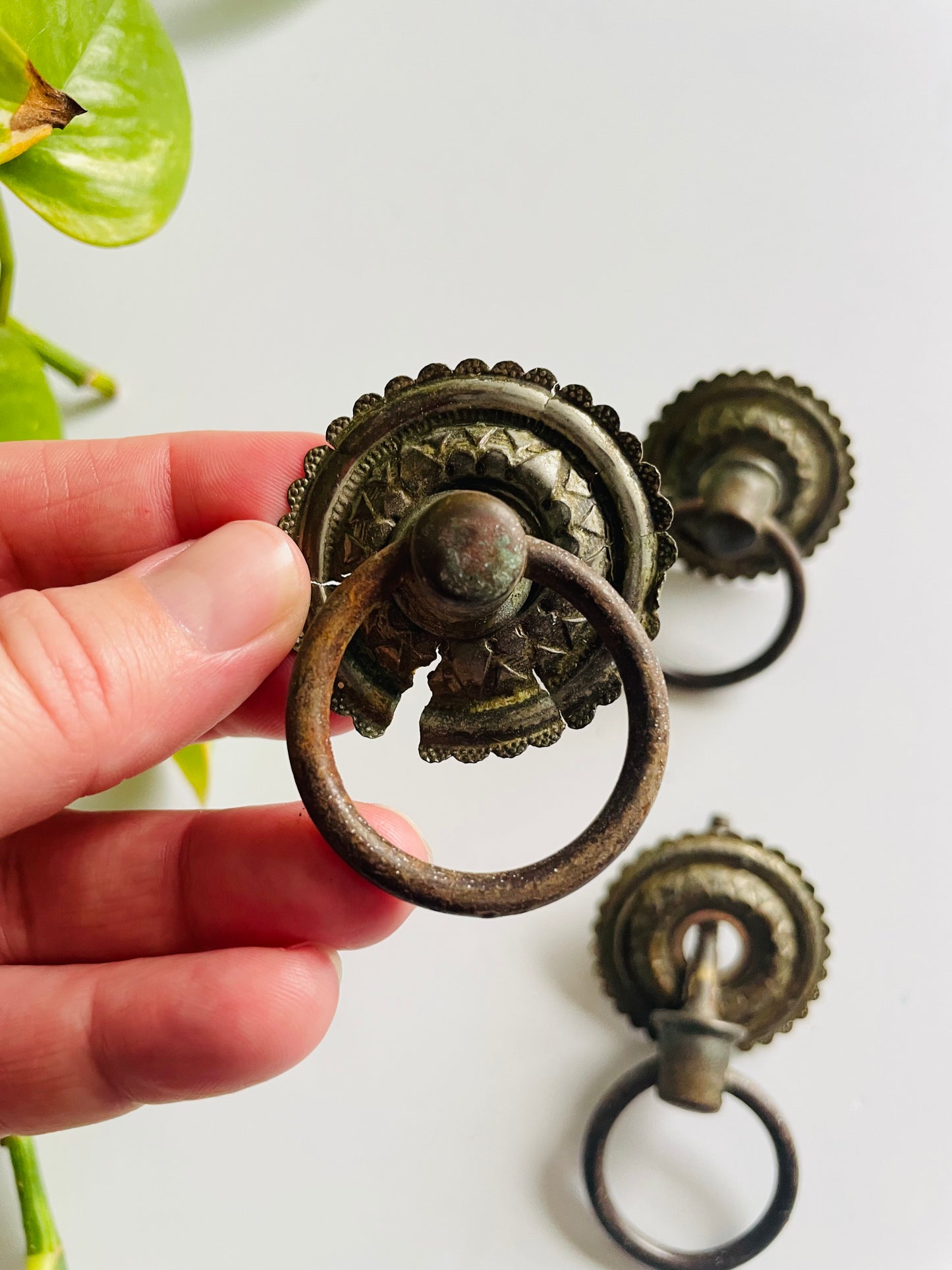 Antique Victorian Tin & Brass Drawer Pull Ring Handles - Set of 3 - As Found