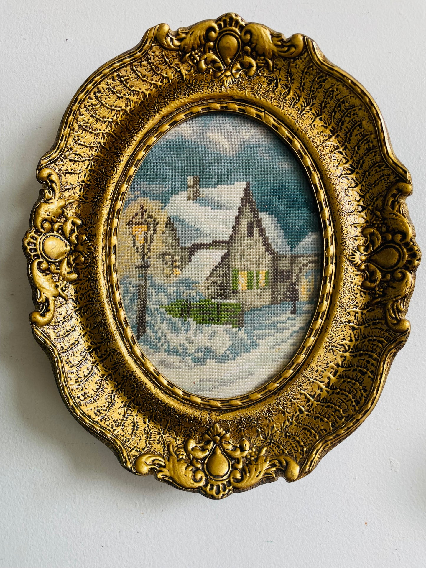 Needlepoint Embroidery Picture of Winter Night & House Scene in Ornate Gold Frame