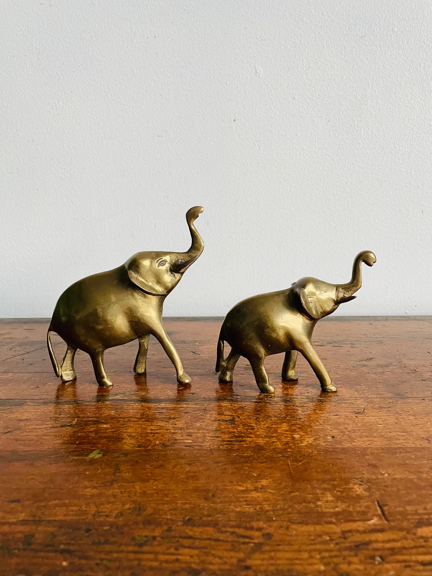 Vintage Solid Brass Pair of Elephants with Raised Trunks - Set of 2