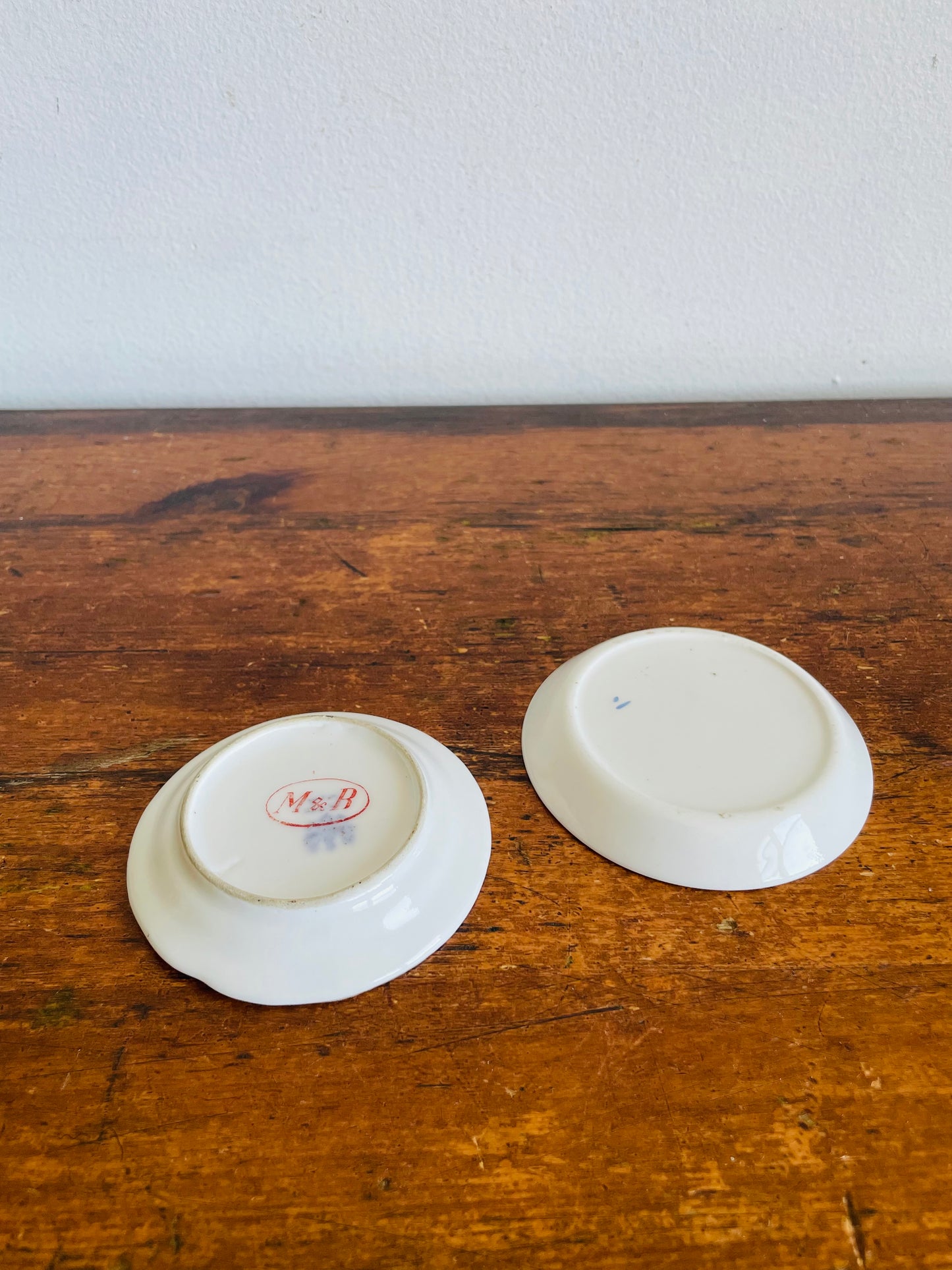Vintage Miniature White Butter Pat Dishes with Floral Designs - Set of 2