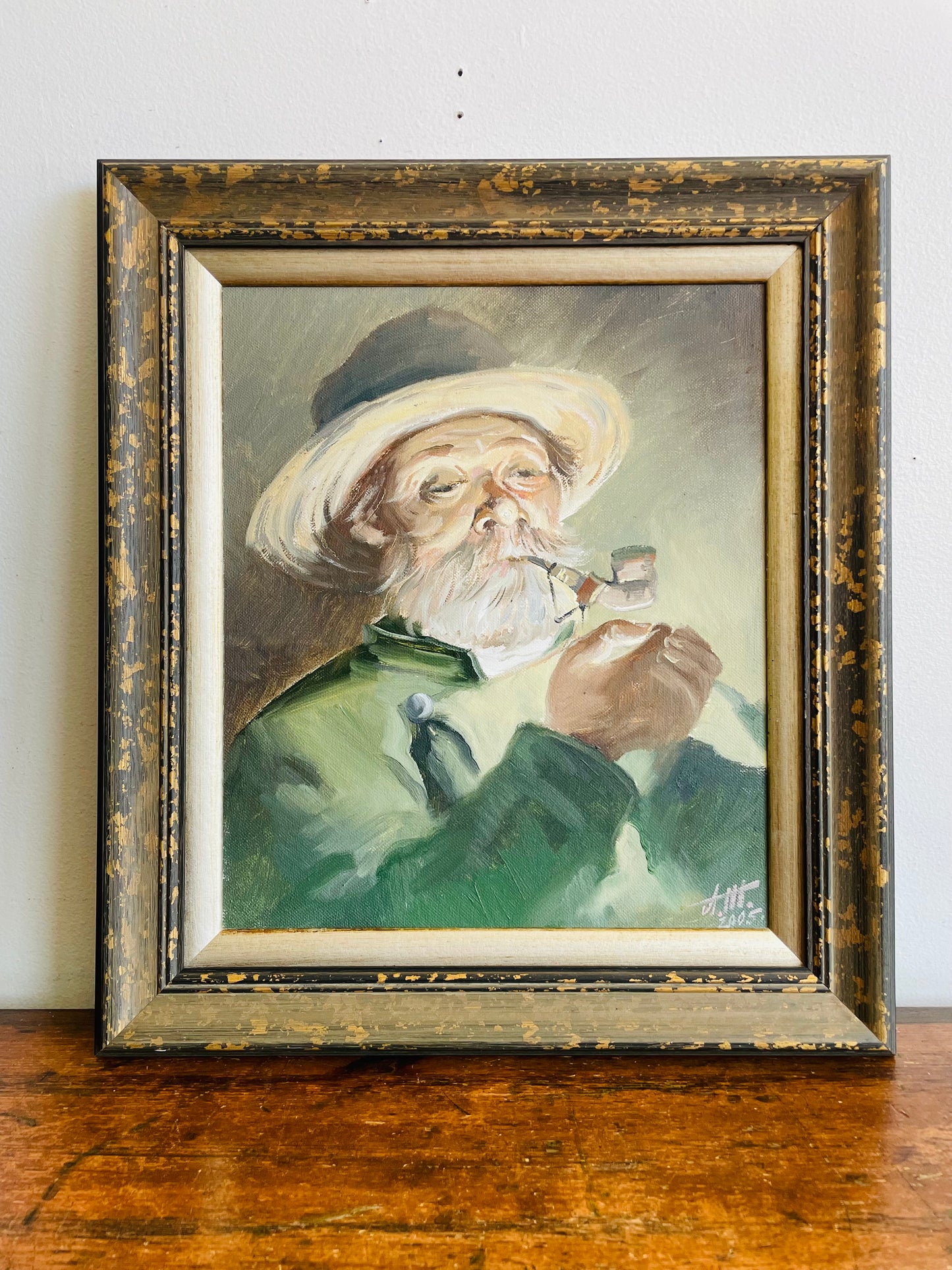 Vintage 2005 Original Art Painting Picture of Old Man Lighting a Pipe - Artist Signed