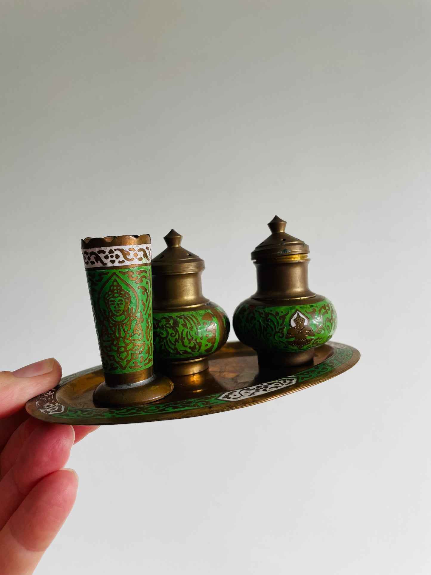 Brass & Enamel Table Set - Salt Shaker, Pepper Shaker, Toothpick Holder & Tray - Set of 4 Pieces