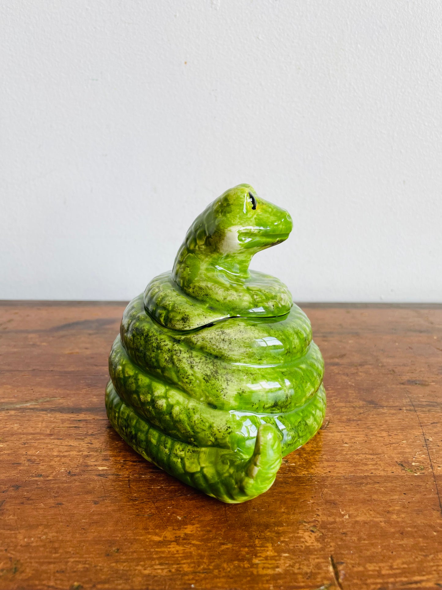 Adorable Hand Painted Green Ceramic Coiled Snake Jar with Lid