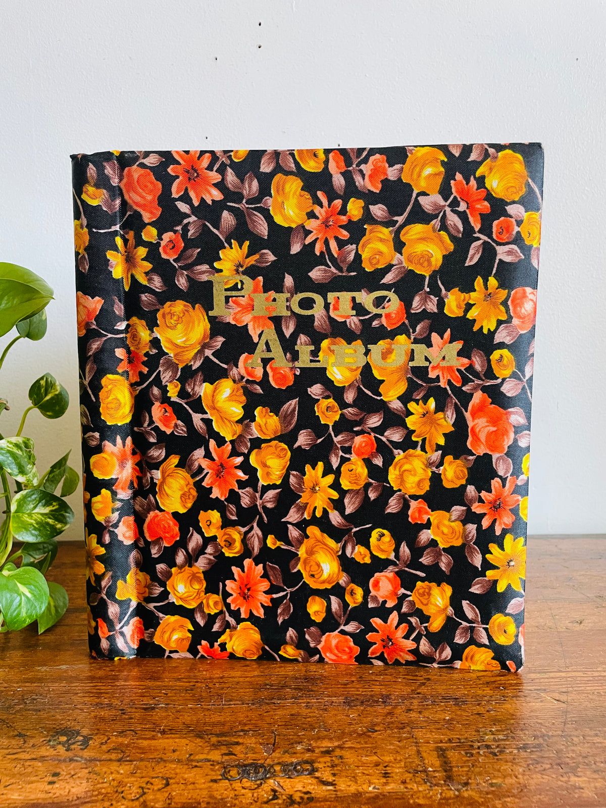 Vintage Groovy Floral Photo Album Scrapbook With Brown, Orange & Yellow Flower Design Fabric Cover