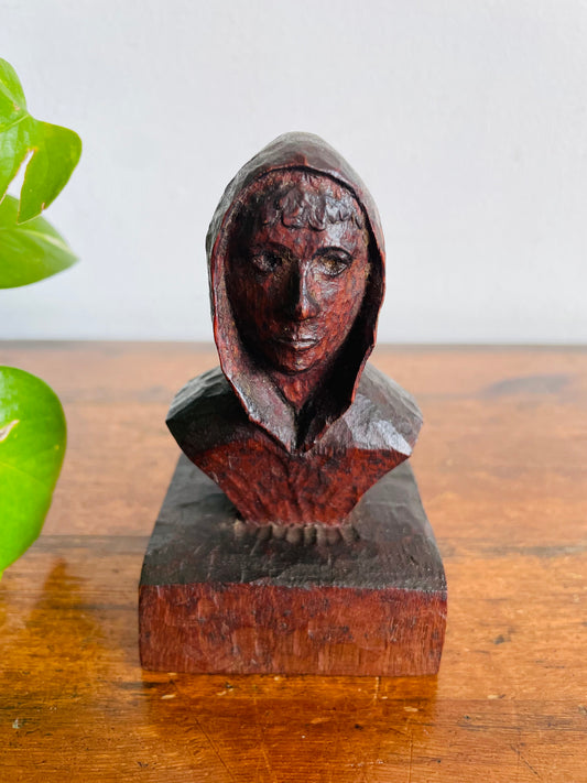 Vintage Stunning Artist Signed Dark Wood Sculpture Bust Statue of Person - Hand Carved From a Single Piece of Wood