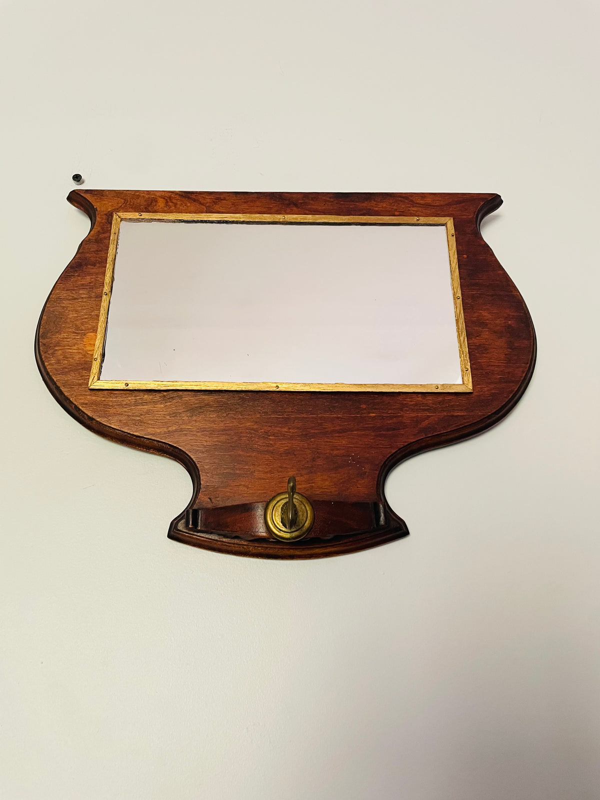 Vintage / Antique Wood Mirror with Gold Trim & Brass Hook for Hanging Items
