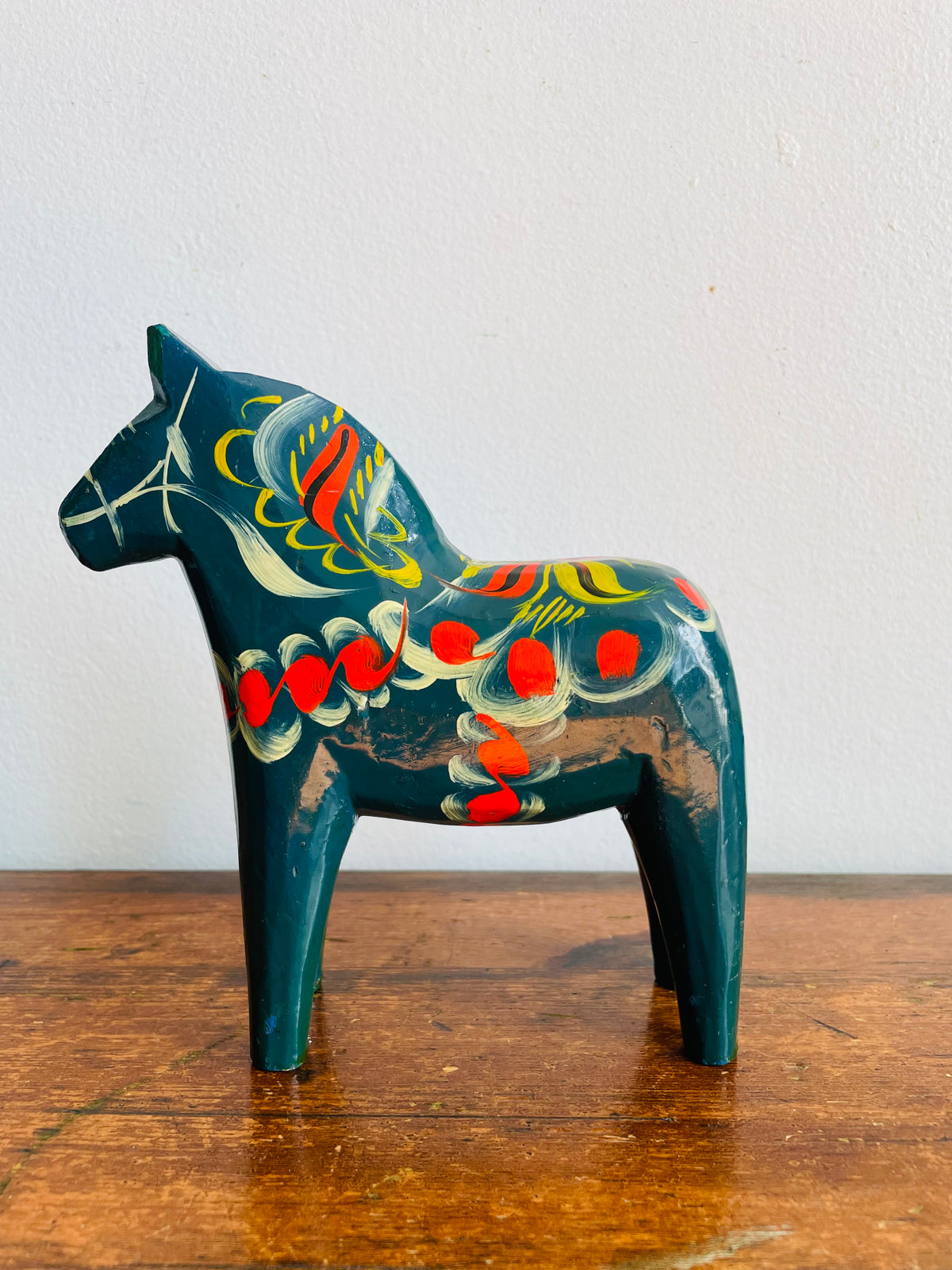 Vintage Swedish Painted Blue & Red Wood Dala Horse Figurine - Nils Olsson Scandinavian Folk Art