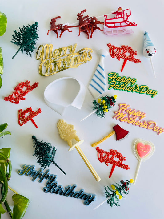 Vintage Cake Topper Decoration Bundle - Set of 19 Pieces for a Variety of Holidays & Occasions