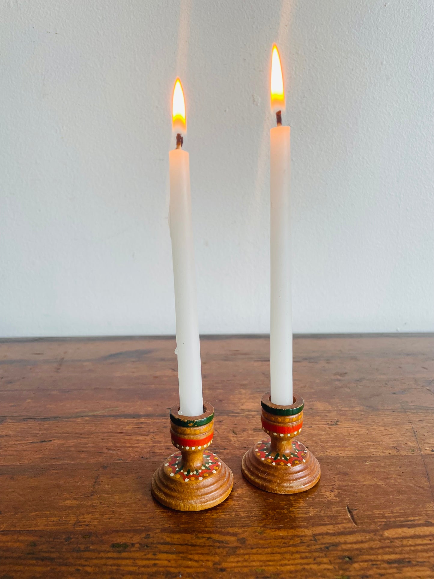 Miniature Hand Painted Wood Candlestick Holders with Folk Art Design - Set of 2