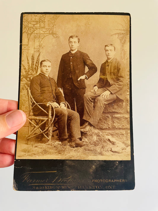 Antique Late 1870s Cardboard Mounted Portrait Picture of Three Men - Stamped Farmer Brothers Photographers 8 & 10 King St. West Hamilton, Ontario