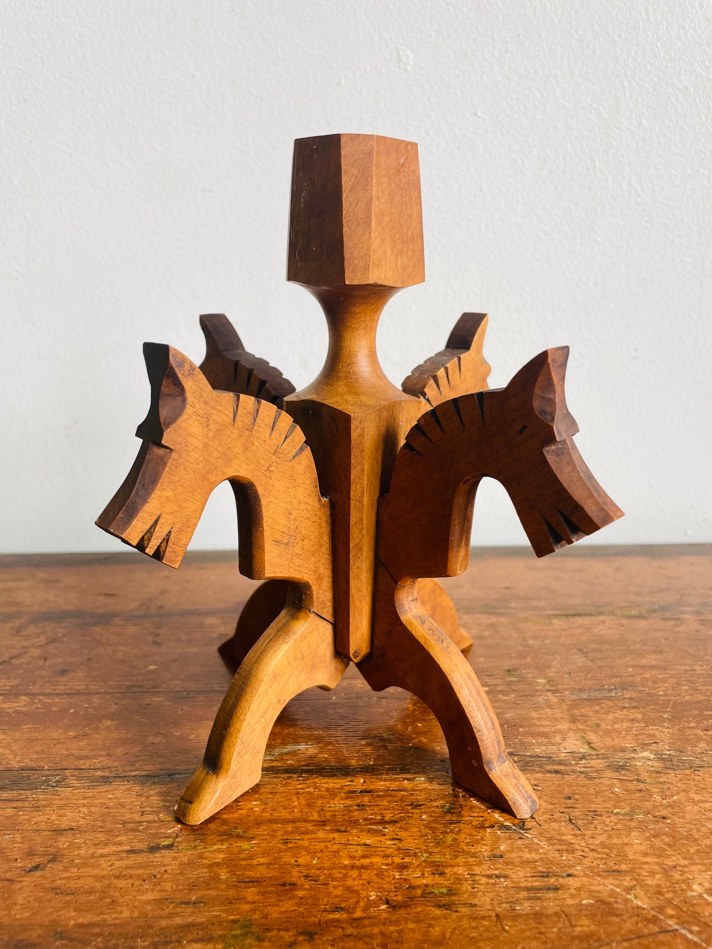 Vintage Swedish Odinstake Wood Candle Holder with Interlocking Puzzle Horse Figurines by Bertil Johansson - Sparlösa Sweden
