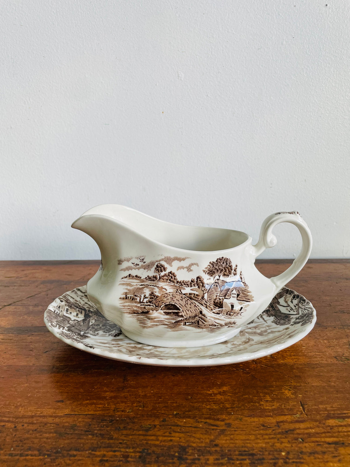 Vintage Ridgway Staffordshire England "Country Days" Brown Transferware Pattern Gravy Sauce Boat & Plate