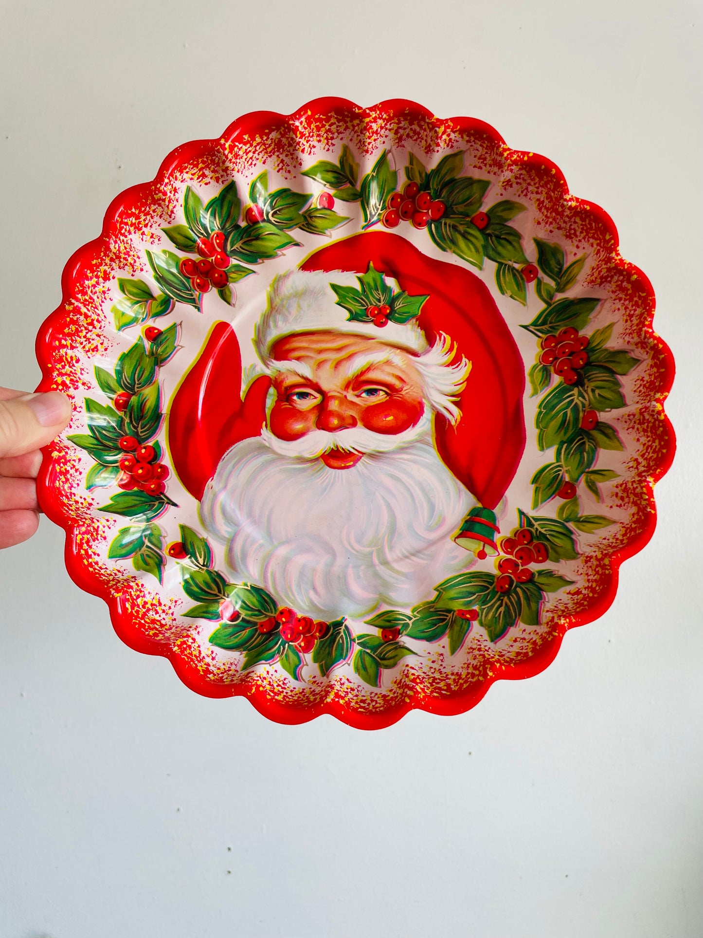 Vintage Collection of 12 Plastic Mid-Century Modern MCM Mirrored Metallic Disco Ball Christmas Ornaments & Round Santa Face Bowl with Scalloped Edges