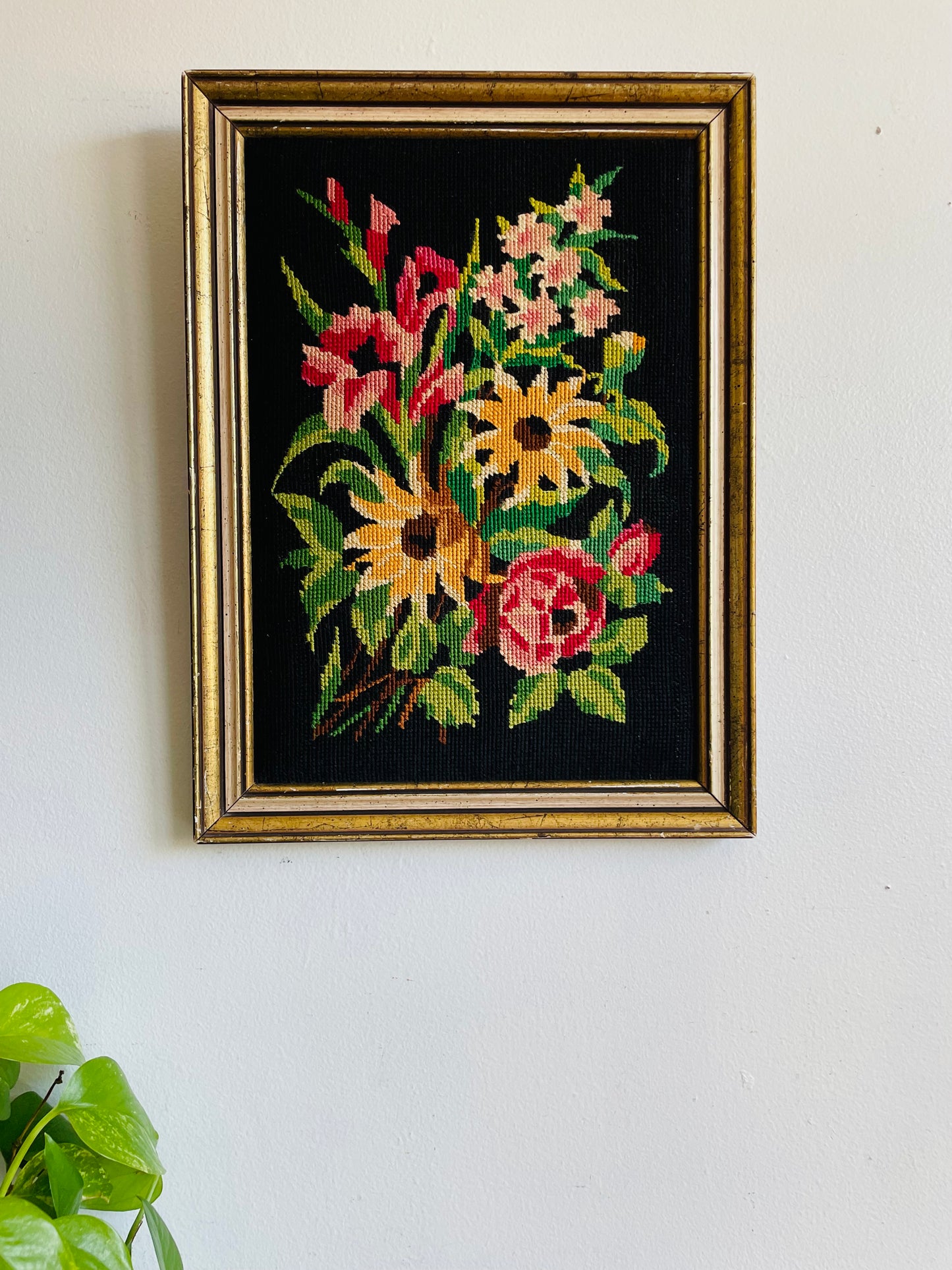 Stunning Floral Needlepoint Embroidery Picture with Bright Flowers on Black Background