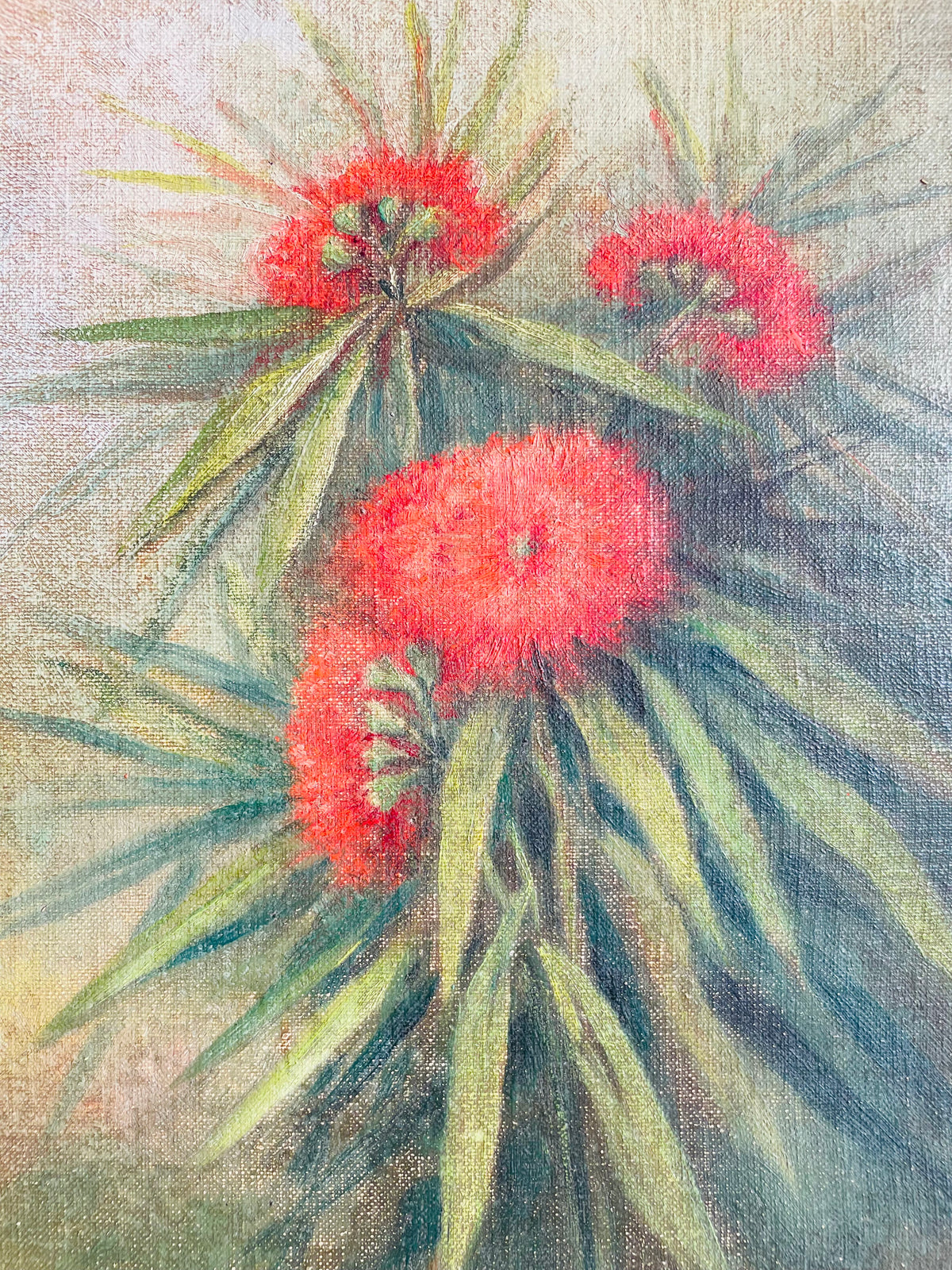 Vintage Very Old Original Art Painting of Red Flowers Among Green Foliage in Dark & Moody Colours - Artist Signed