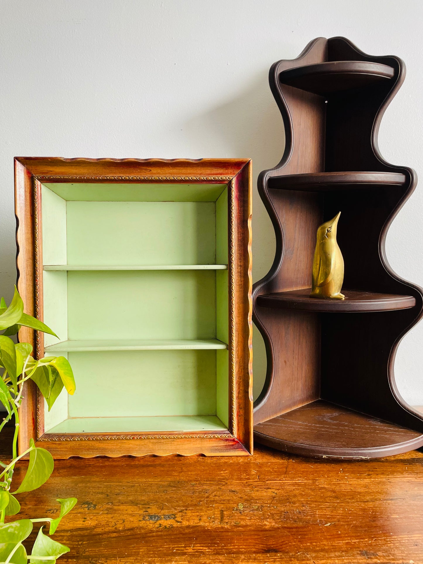 Mint Green Wall Hanging Shelf with Beautifully Carved Frame