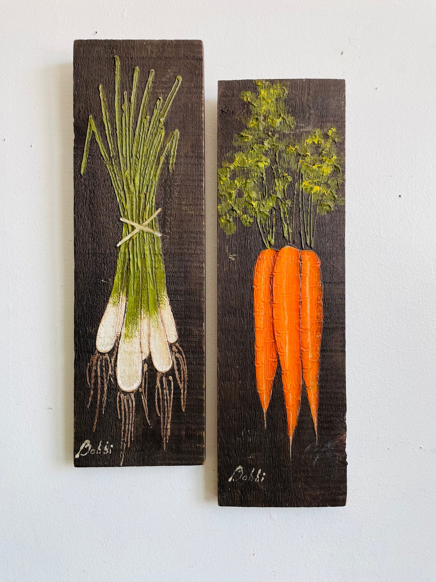 Vintage Original Art Paintings of Vegetables on Wood Boards - Carrots & Green Spring Onions - Artist Signed - Set of 2