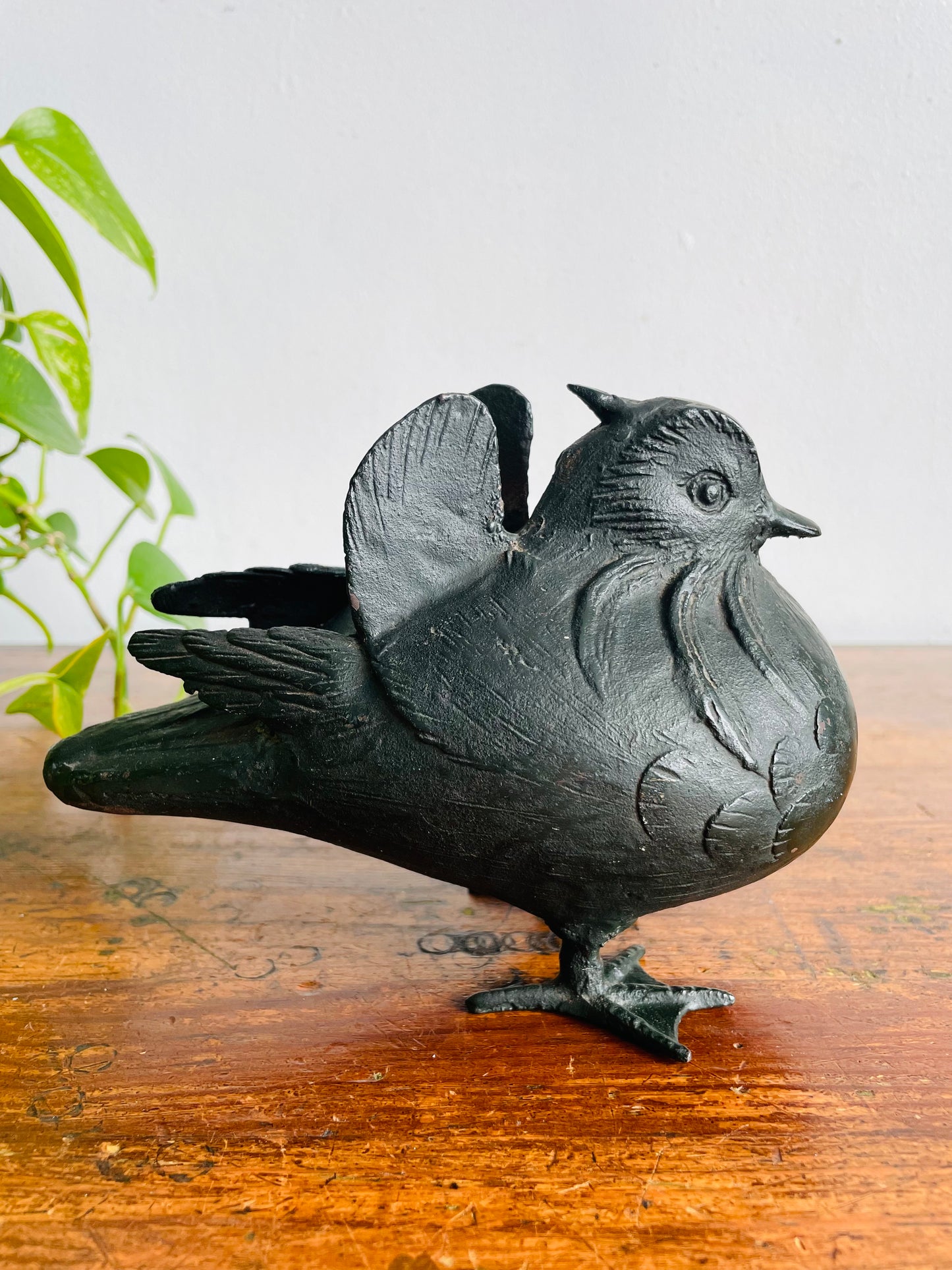Vintage Solid & Heavy Black Cast Iron Metal Bird Statue - Made in Japan
