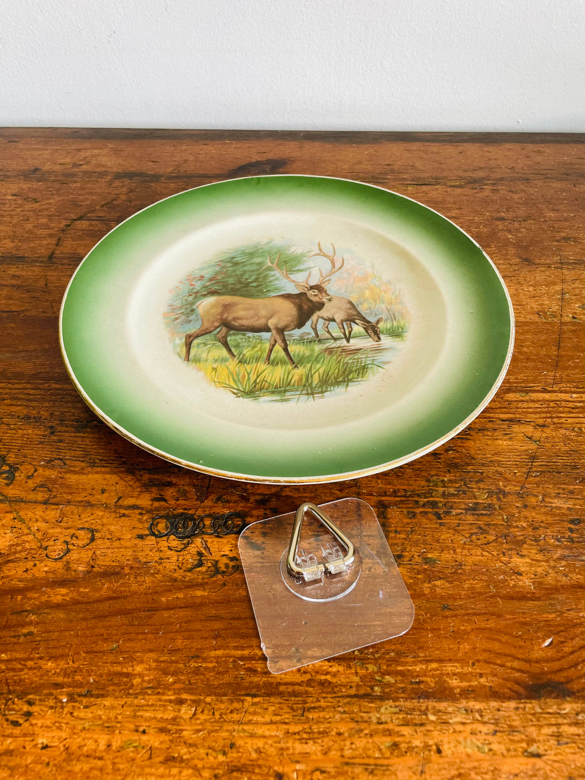 Antique Buffalo Pottery Plate with Elk in Forest Along Stream Nature Design - Includes Optional Plate Hanger