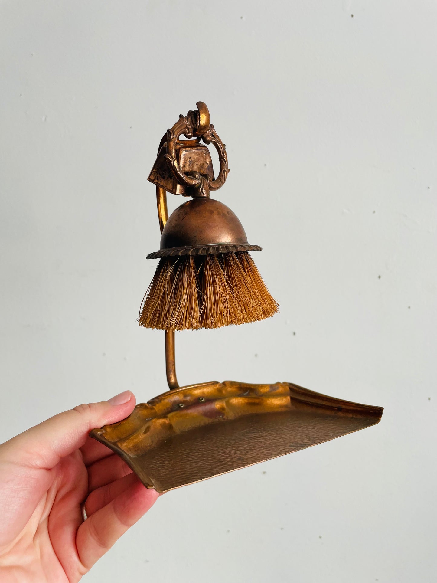 Antique Copper Silent Butler Crumb Catcher Dustpan with Hook Hanger, Brush & Bell - Set of 3 Pieces - Celtic Quality Plate - Made in England