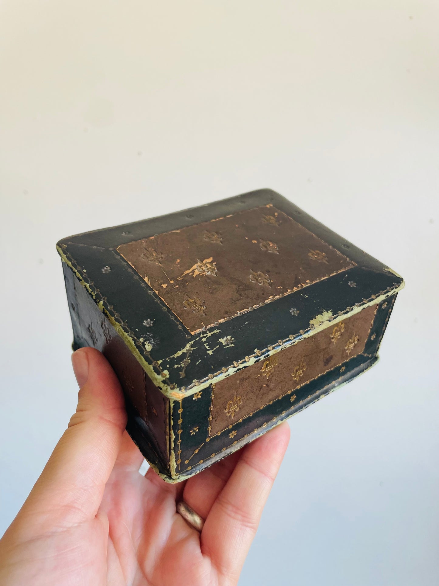 Vintage Black & Brown Italian Tooled Leather Box with Sloped Design & Hinged Lid - Wood Interior