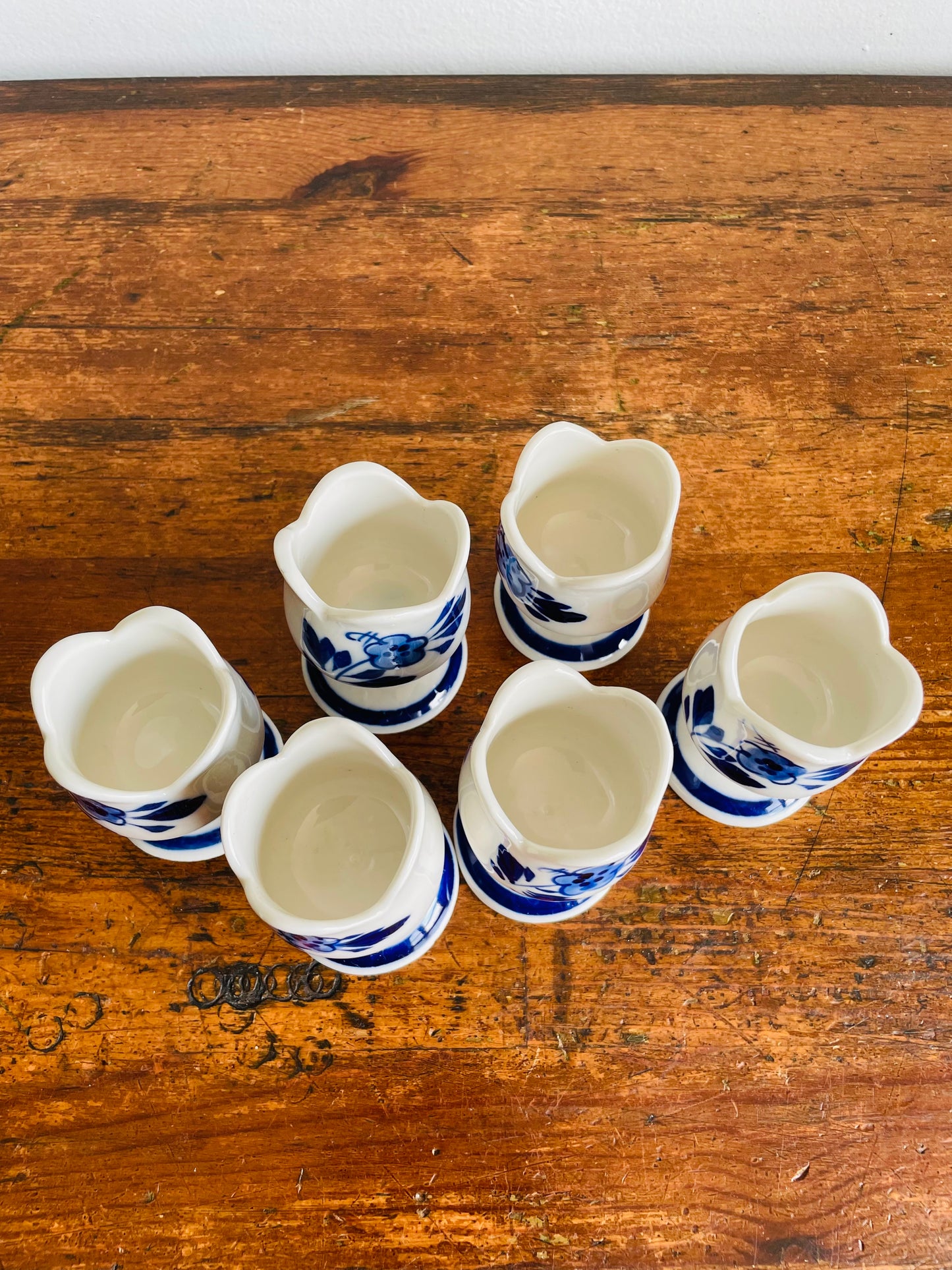 Vintage Hand Painted Delft Blue Tulip Shaped Egg Cup Holders with Flower & Windmill Design - Set of 6