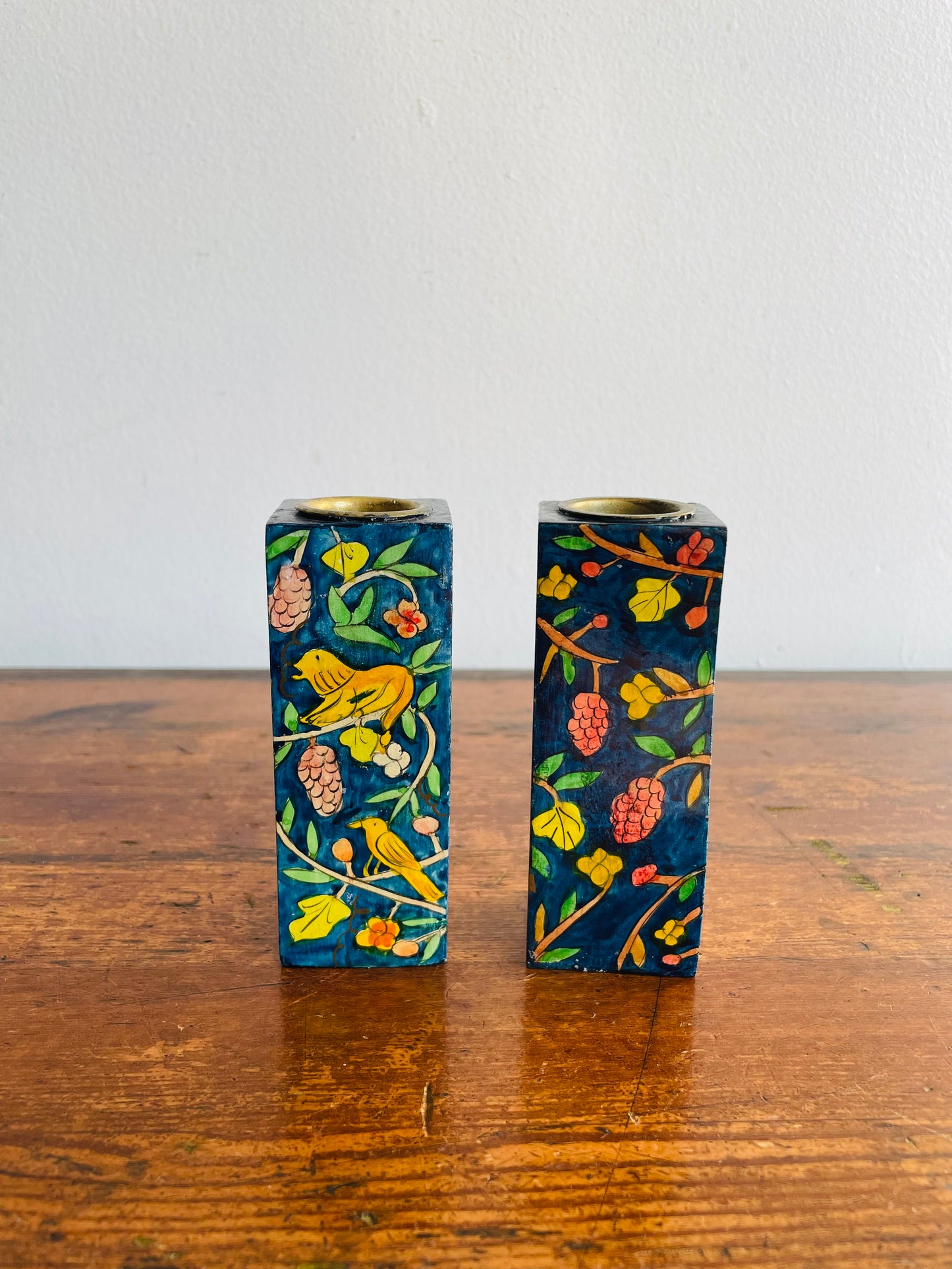 Israeli Lacquered Wood Wavy Candle Holders with Hand Painted Peacock, Lion, Deer, Bird & Flower Design - Yair Emanuel Shabbat Candles