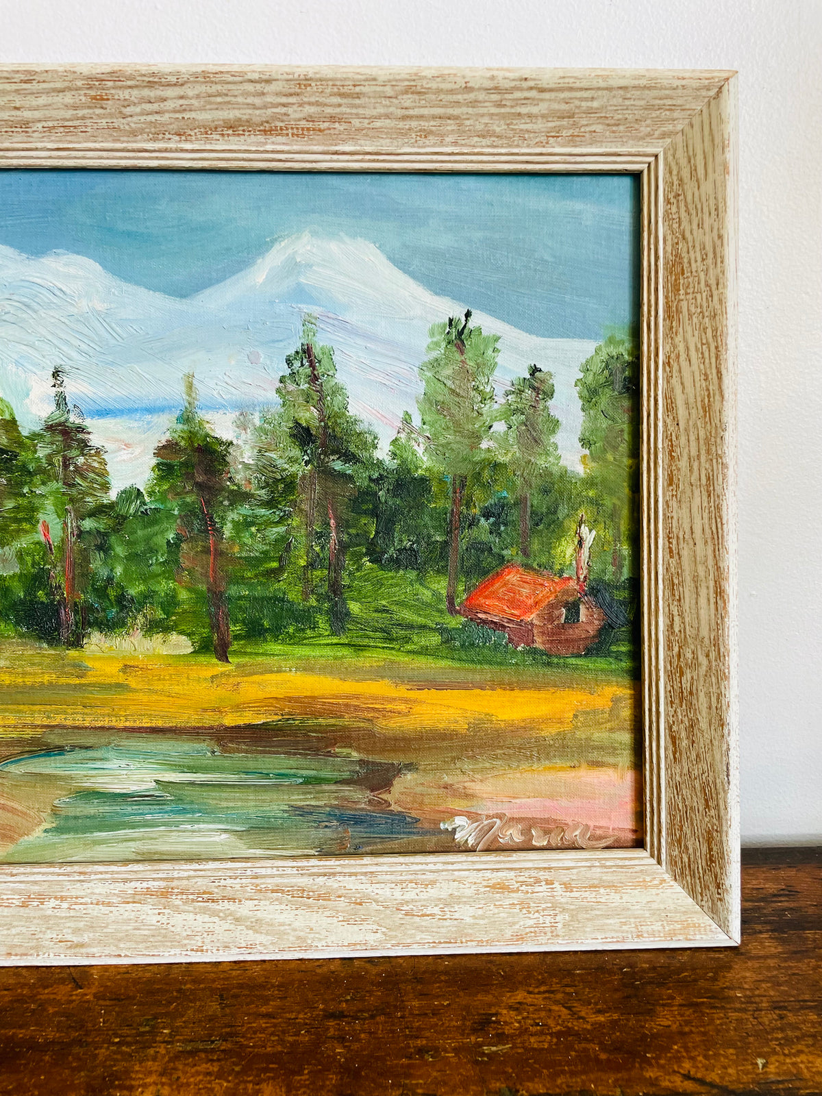 Vintage Original Art Painting Picture of Forest on Lake Nature Scene with Red Cabin House & Smoking Chimney - Signed Maria - No Shipping